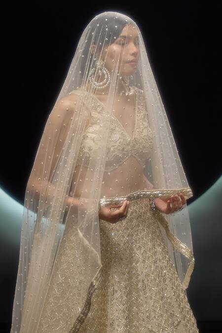 Couture By Niharika_Ivory Organza, Net Embroidery, Sequins, Beads, Pearls Selvara Hand Lehenga Set _Online_at_Aza_Fashions