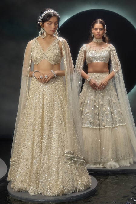 Buy_Couture By Niharika_Ivory Organza, Net Embroidery, Sequins, Beads, Pearls Selvara Hand Lehenga Set 