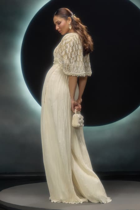 Couture By Niharika_Ivory Viscose Sweetheart , Open Hand Embroidered Jumpsuit With Cape _Online_at_Aza_Fashions