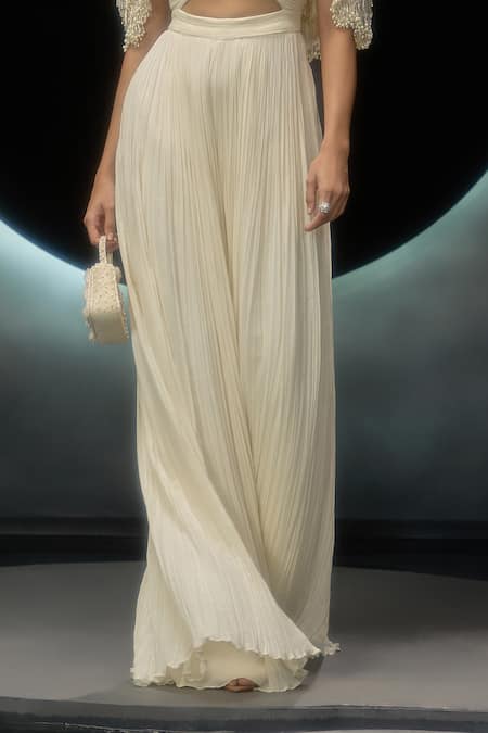 Shop_Couture By Niharika_Ivory Viscose Sweetheart , Open Hand Embroidered Jumpsuit With Cape _Online_at_Aza_Fashions