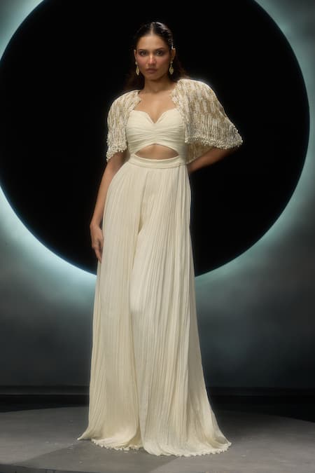 Couture By Niharika_Ivory Viscose Sweetheart , Open Hand Embroidered Jumpsuit With Cape _at_Aza_Fashions