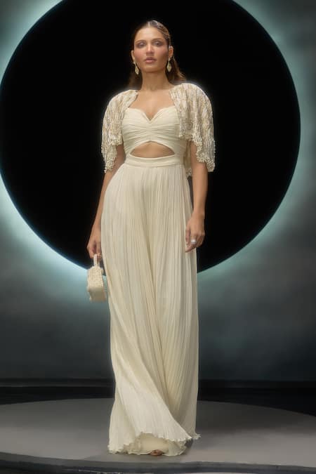 Buy_Couture By Niharika_Ivory Viscose Sweetheart , Open Hand Embroidered Jumpsuit With Cape 