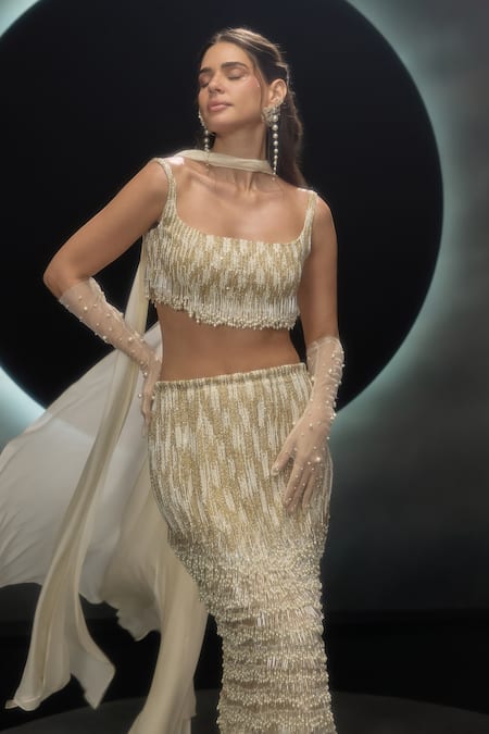 Couture By Niharika_Gold Organza, Chiffon Beads, Sequins, Embroidery Square Glora Hand Skirt Set _Online_at_Aza_Fashions