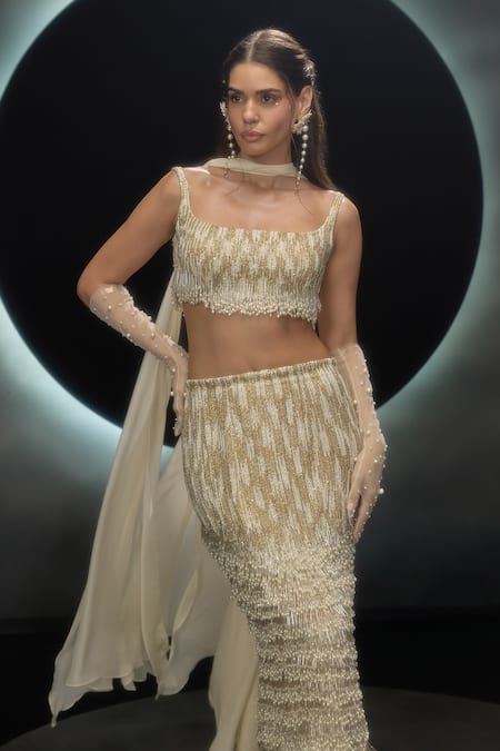 Buy_Couture By Niharika_Gold Organza, Chiffon Beads, Sequins, Embroidery Square Glora Hand Skirt Set _Online_at_Aza_Fashions
