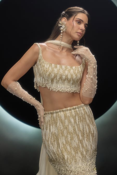 Shop_Couture By Niharika_Gold Organza, Chiffon Beads, Sequins, Embroidery Square Glora Hand Skirt Set _Online_at_Aza_Fashions