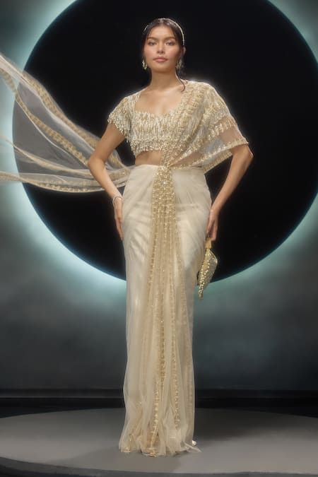 Couture By Niharika_Gold Net Embroidery, Sequins, Zari, Oreline Hand Pre-draped Saree With Blouse _Online_at_Aza_Fashions
