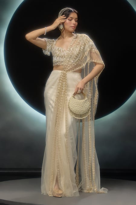 Couture By Niharika Oreline Hand Embroidered Pre-Draped Saree With Blouse 