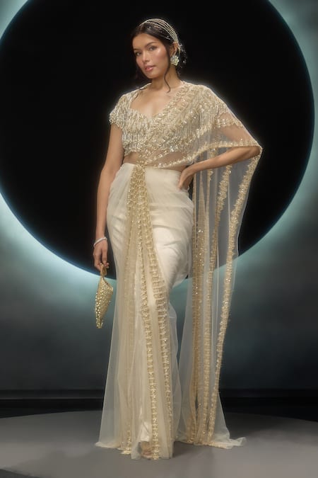 Shop_Couture By Niharika_Gold Net Embroidery, Sequins, Zari, Oreline Hand Pre-draped Saree With Blouse _Online_at_Aza_Fashions