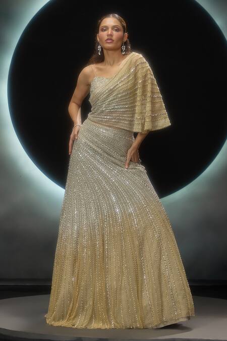 Buy_Couture By Niharika_Gold Net Sequins, Embroidery, Beads Metalika Hand Bustier And Skirt Set _Online_at_Aza_Fashions