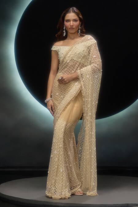 Couture By Niharika Beige Net Beads, Sequins Sweetheart Vanya Hand Embroidered Saree With Blouse Online at Aza Fashions Couture By Niharika_Beige Net Beads, Sequins Sweetheart Vanya Hand Embroidered Saree With Blouse _Online_at_Aza_Fashions