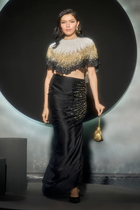 Couture By Niharika Blaze Ombre Hand Embroidered Cape & Skirt Set 