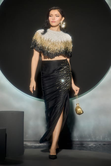 Couture By Niharika Blaze Ombre Hand Embroidered Cape & Skirt Set 