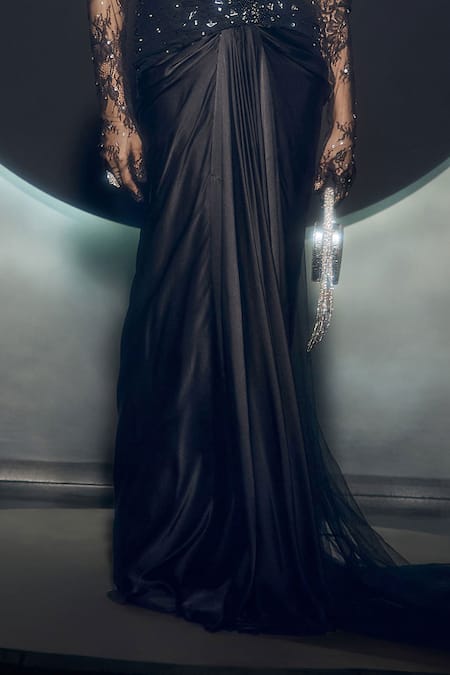 Couture By Niharika_Black Net Sequins, Embroidery Choker Neck Zerain Hand Top And Skirt Set _Online_at_Aza_Fashions