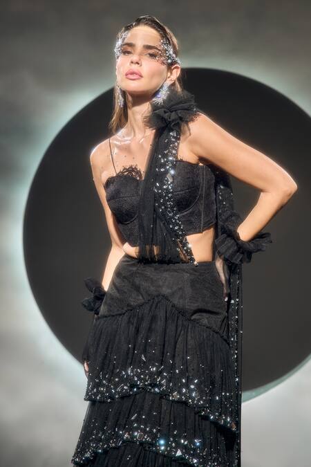 Buy_Couture By Niharika_Black Net Sequins, Embroidery Sweetheart Noctelle Pre-draped Saree With Blouse _Online_at_Aza_Fashions