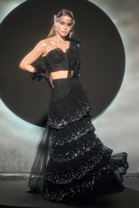 Couture By Niharika Noctelle Embroidered Pre-Draped Saree With Blouse 