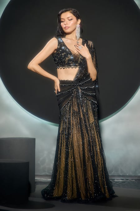Couture By Niharika_Black Net Sequins, Beads, Embroidery Lunaira Pre-draped Saree With Blouse _Online_at_Aza_Fashions