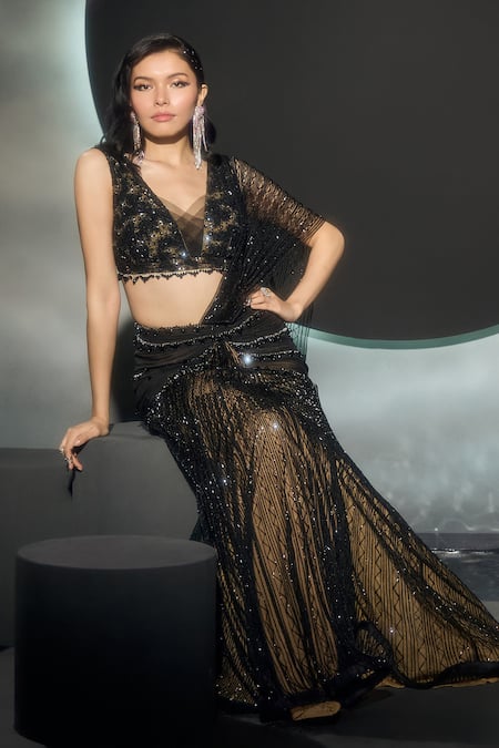 Buy_Couture By Niharika_Black Net Sequins, Beads, Embroidery Lunaira Pre-draped Saree With Blouse _Online_at_Aza_Fashions