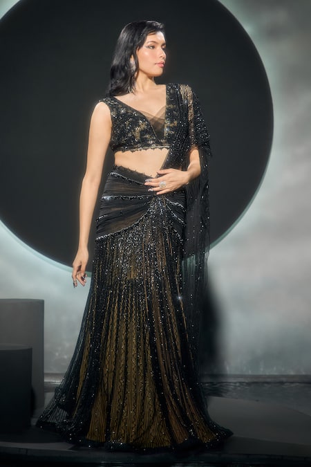 Couture By Niharika Lunaira Embroidered Pre-Draped Saree With Blouse 