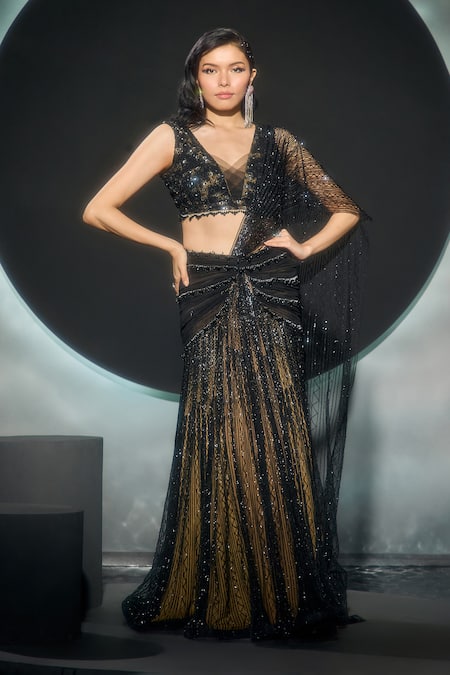 Couture By Niharika Lunaira Embroidered Pre-Draped Saree With Blouse 