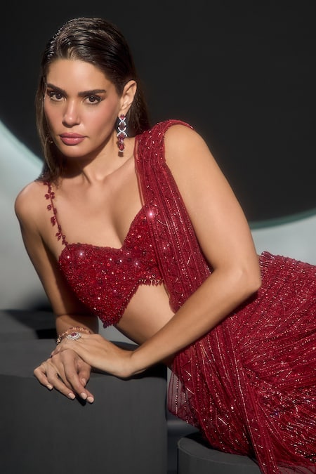 Couture By Niharika_Red Net Sequins, Embroidery Sweetheart Clarissea Pre-draped Saree With Blouse _at_Aza_Fashions