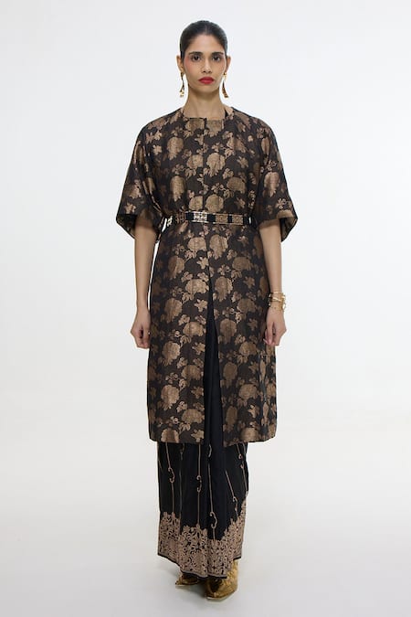 Ekaya Banaras_Black Satin, Silk Embroidery Round Neck Handwoven Embossed Noir Jacket _Online_at_Aza_Fashions