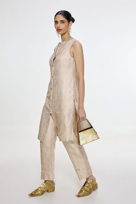 Ekaya Banaras_Ivory Satin, Silk Embroidery Boat Handwoven Banarasi Tanchoi Jacket And Pant Set _Online_at_Aza_Fashions