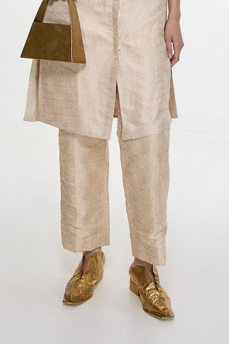 Buy_Ekaya Banaras_Ivory Satin, Silk Embroidery Boat Handwoven Banarasi Tanchoi Jacket And Pant Set _Online_at_Aza_Fashions