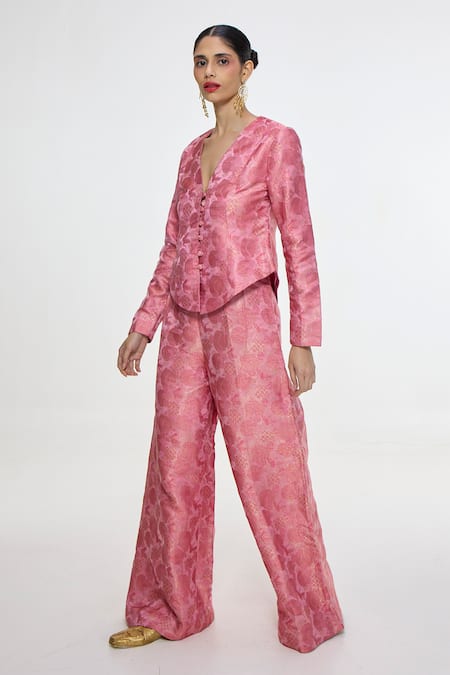Buy_Ekaya Banaras_Pink Satin, Silk Zari, Embroidery Handwoven Banarasi Tanchoi Jacket And Pant Set _Online_at_Aza_Fashions