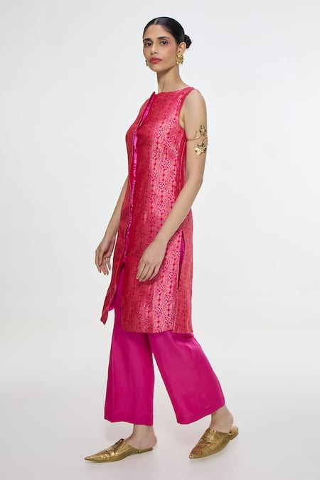 Buy_Ekaya Banaras_Fuchsia Satin, Silk Round Neck Handwoven Long Waistcoat Pant Set _Online_at_Aza_Fashions