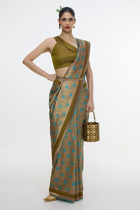 Ekaya Banaras Handwoven Olive Green Saree With Running Blouse 