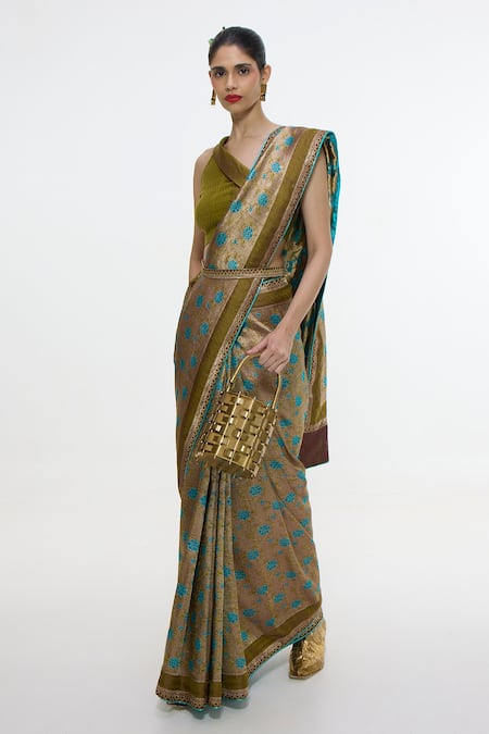 Ekaya Banaras_Olive Green Satin, Silk Zari Handwoven Saree With Running Blouse _Online_at_Aza_Fashions