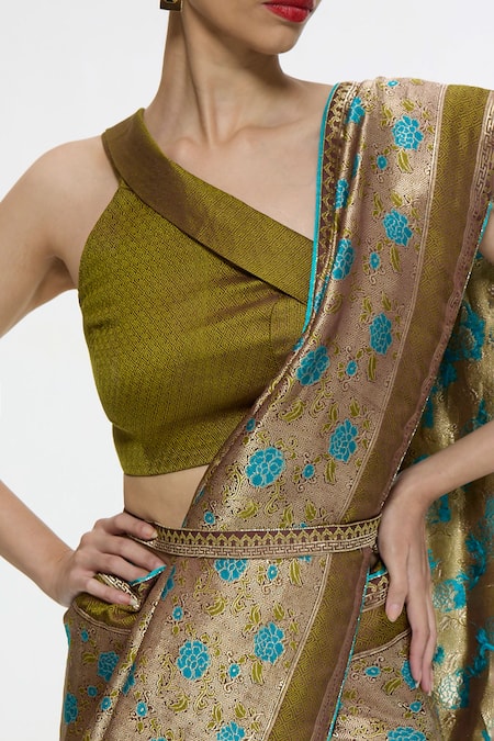 Buy_Ekaya Banaras_Olive Green Satin, Silk Zari Handwoven Saree With Running Blouse _Online_at_Aza_Fashions