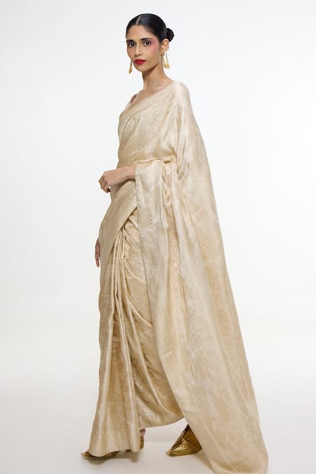 Ekaya Banaras_Ivory Satin, Silk Zari Handwoven Kadhwa Banarasi Saree With Running Blouse _Online_at_Aza_Fashions