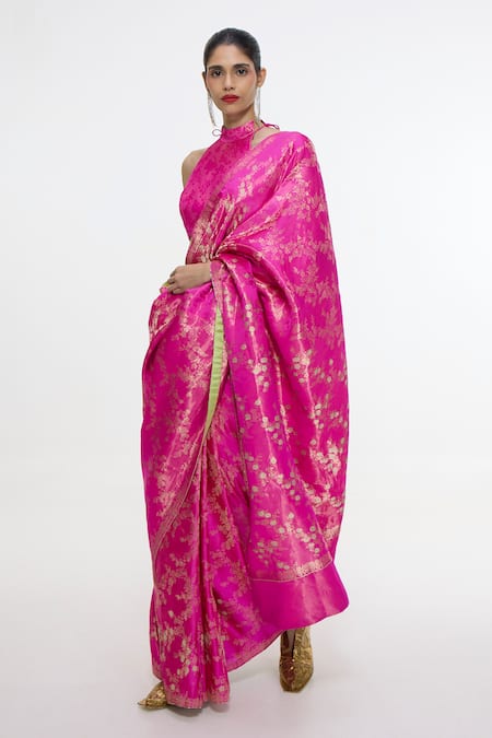 Ekaya Banaras_Fuchsia Satin, Silk Zari Handwoven Banarasi Tanchoi Saree With Running Blouse _Online_at_Aza_Fashions