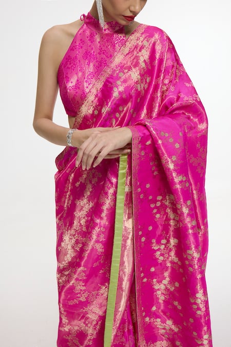 Buy_Ekaya Banaras_Fuchsia Satin, Silk Zari Handwoven Banarasi Tanchoi Saree With Running Blouse _Online_at_Aza_Fashions