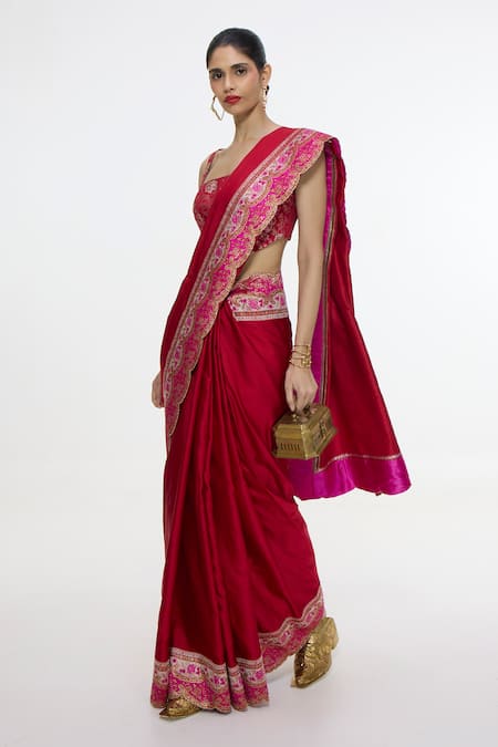 Buy_Ekaya Banaras_Red Satin, Silk Zari, Handwoven Kadhwa Banarasi Saree With Running Blouse _Online_at_Aza_Fashions