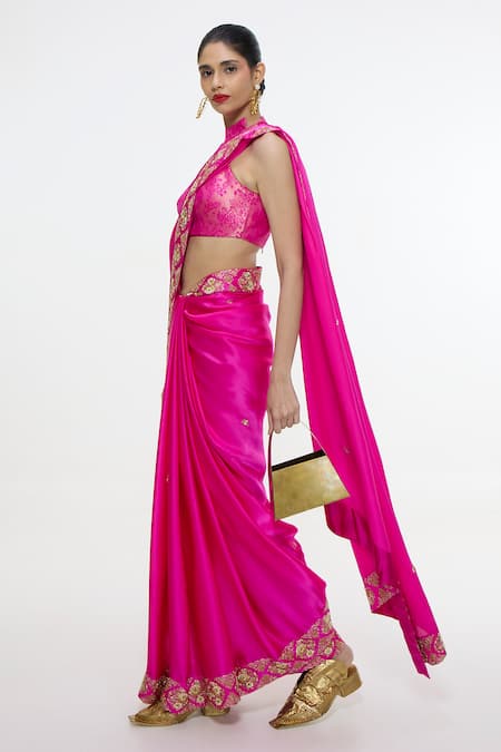 Ekaya Banaras_Fuchsia Silk Embroidery, Zari Handwoven Mashroo Saree With Running Blouse _Online_at_Aza_Fashions