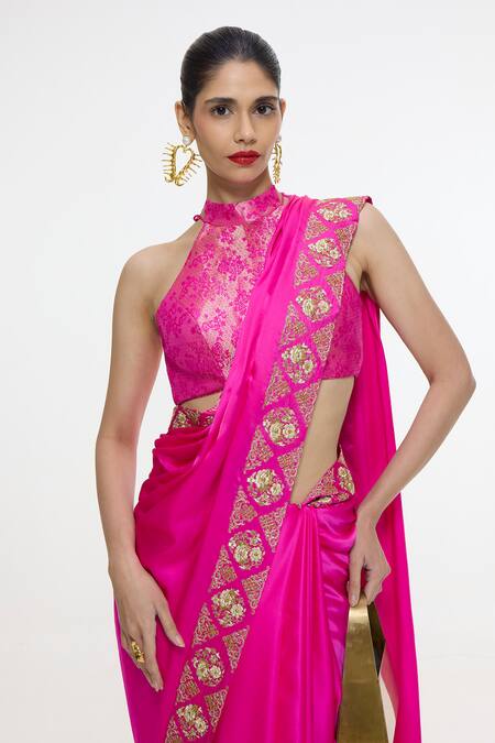 Buy_Ekaya Banaras_Fuchsia Silk Embroidery, Zari Handwoven Mashroo Saree With Running Blouse _Online_at_Aza_Fashions
