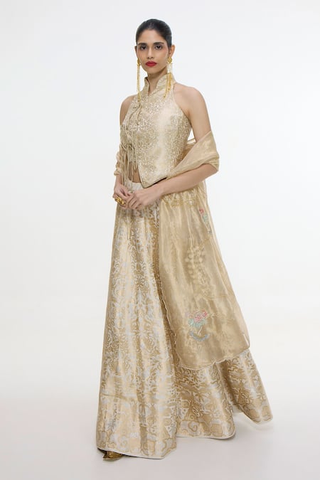 Ekaya Banaras Ivory Satin, Silk Zari, Handwoven Lehenga Set With Unstitched Blouse Piece Online at Aza Fashions Ekaya Banaras_Ivory Satin, Silk Zari, Handwoven Lehenga Set With Unstitched Blouse Piece _Online_at_Aza_Fashions