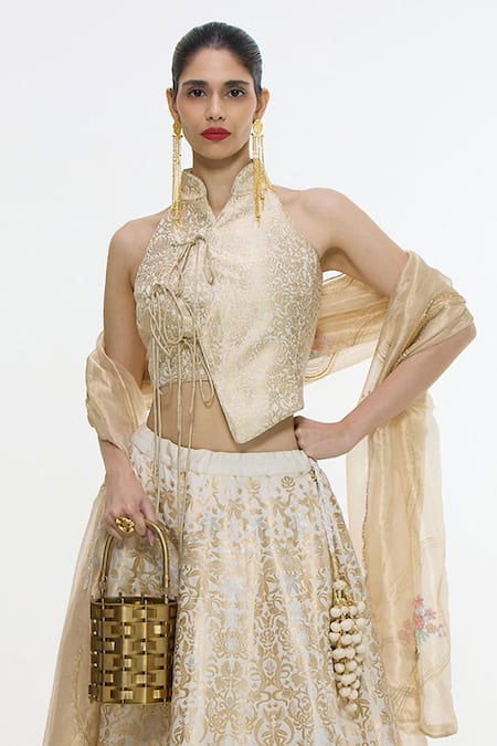 Buy Ekaya Banaras Ivory Satin, Silk Zari, Handwoven Lehenga Set With Unstitched Blouse Piece Online at Aza Fashions Buy_Ekaya Banaras_Ivory Satin, Silk Zari, Handwoven Lehenga Set With Unstitched Blouse Piece _Online_at_Aza_Fashions
