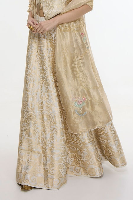 Shop Ekaya Banaras Ivory Satin, Silk Zari, Handwoven Lehenga Set With Unstitched Blouse Piece Online at Aza Fashions Shop_Ekaya Banaras_Ivory Satin, Silk Zari, Handwoven Lehenga Set With Unstitched Blouse Piece _Online_at_Aza_Fashions