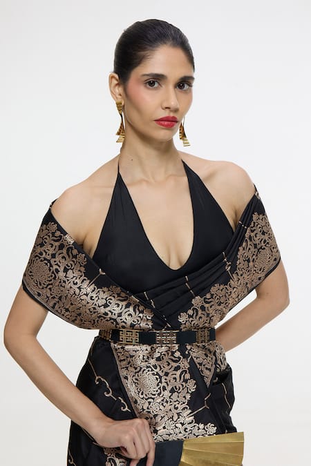 Ekaya Banaras_Black Silk Metallic Thread, Zari Handwoven Mashroo Saree With Running Blouse _Online_at_Aza_Fashions