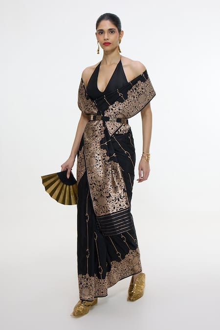 Buy_Ekaya Banaras_Black Silk Metallic Thread, Zari Handwoven Mashroo Saree With Running Blouse _Online_at_Aza_Fashions