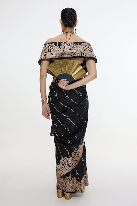 Ekaya Banaras Handwoven Black Mashroo Silk Saree With Running Blouse 