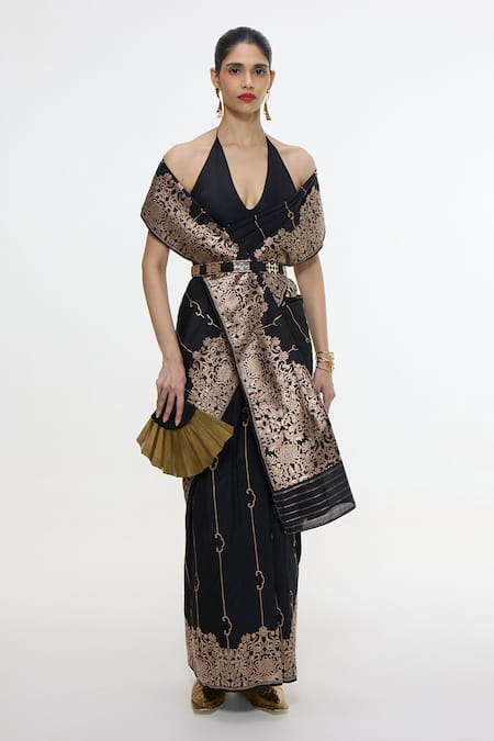 Ekaya Banaras Handwoven Black Mashroo Silk Saree With Running Blouse 