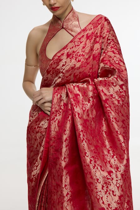 Ekaya Banaras_Red Satin, Silk, Tissue Zari Handwoven Crimson Saree With Running Blouse _Online_at_Aza_Fashions