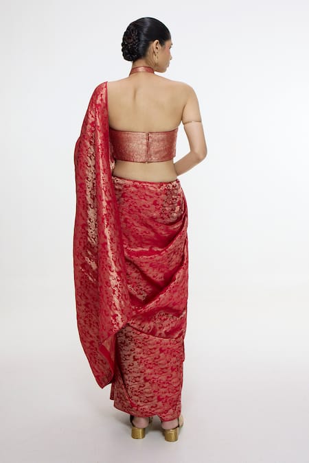Ekaya Banaras Handwoven Crimson Red Silk Tissue Saree With Running Blouse 