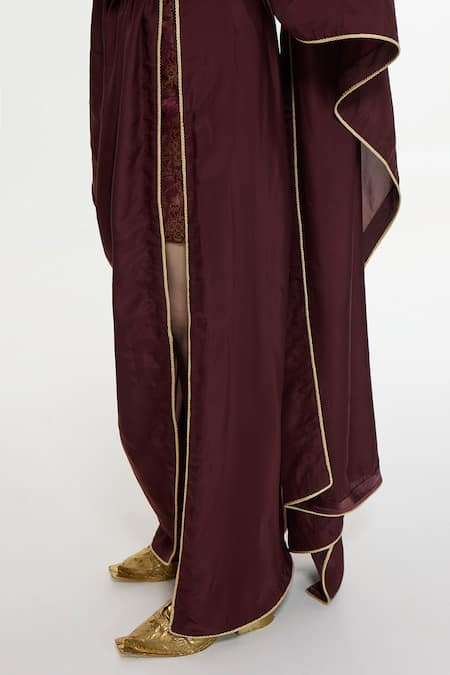 Ekaya Banaras_Burgundy Silk Handwoven Pre-draped Pant Saree Set _Online_at_Aza_Fashions