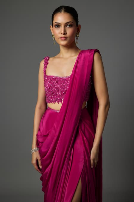 Krishna Padia_Fuchsia Crepe Beads, Sequins, Embroidery Square Pre-draped Saree With Blouse _Online_at_Aza_Fashions