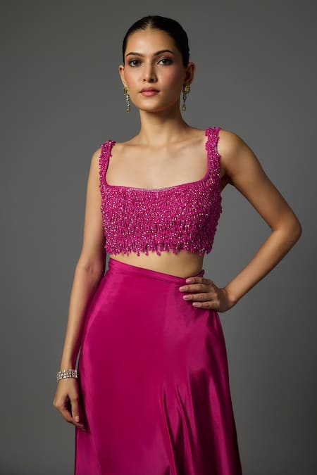Buy_Krishna Padia_Fuchsia Crepe Beads, Sequins, Embroidery Square Pre-draped Saree With Blouse _Online_at_Aza_Fashions